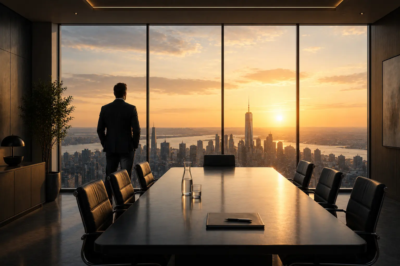 Executive standing in calm command — the boardroom at sunrise