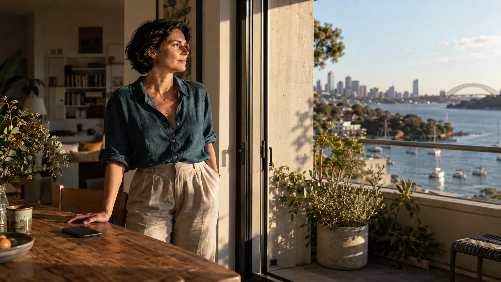 A woman pauses at an open balcony door after putting her phone aside