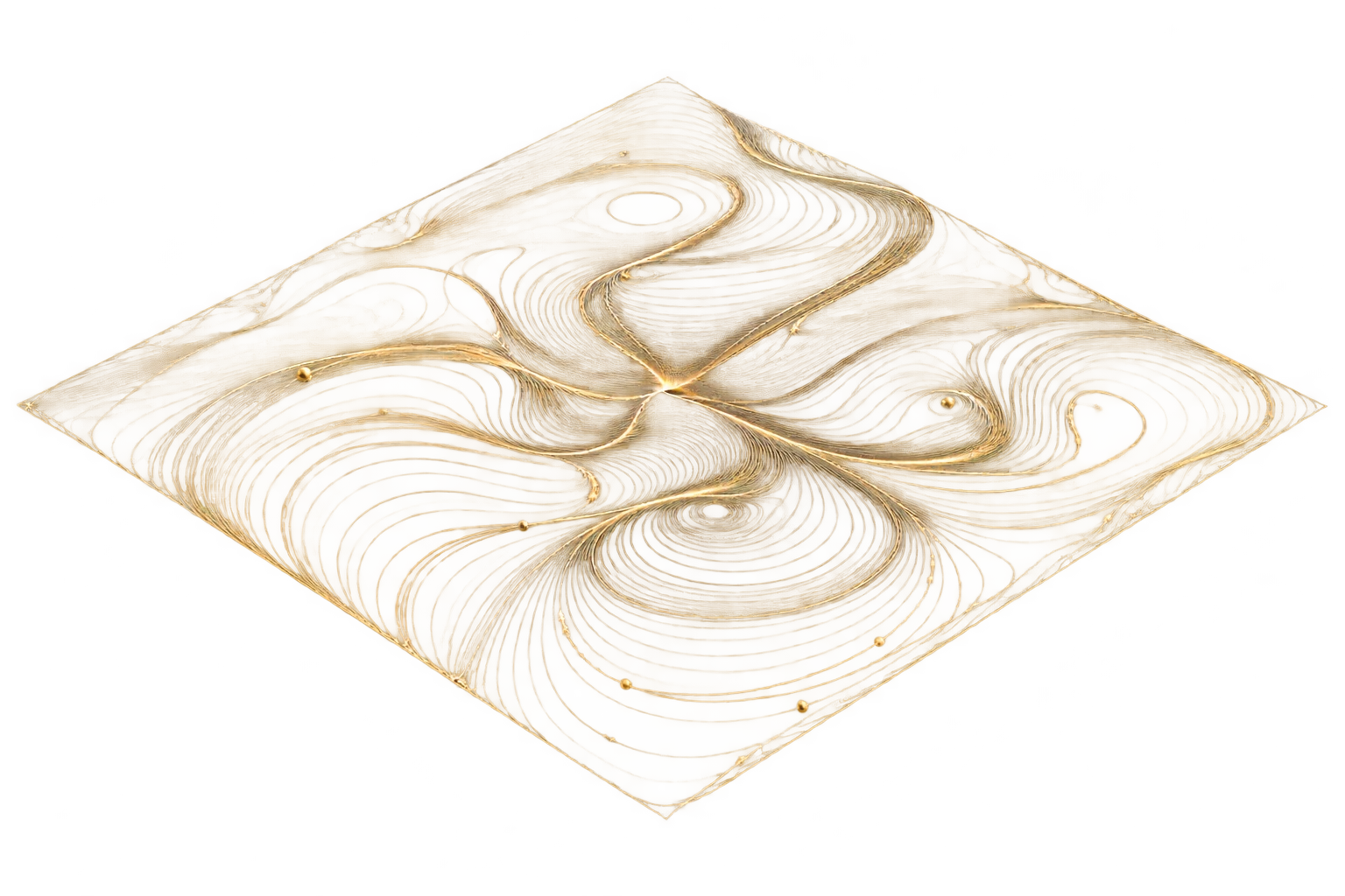 Pattern layer: repeated, returning pathways organised into a faceted gold diamond plane.